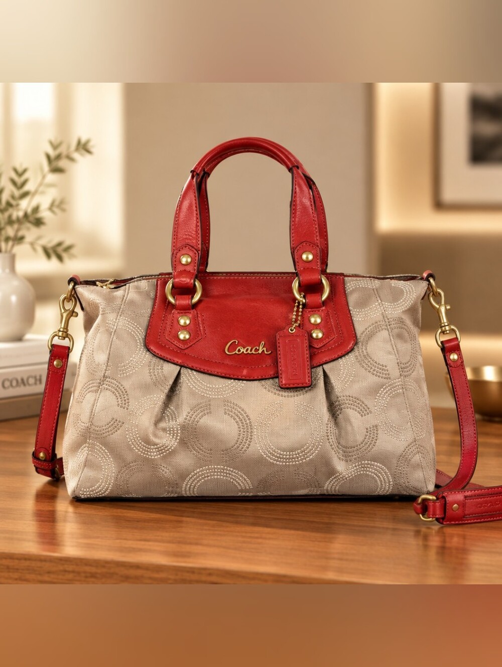 Coach Beige and Red Satchel with Signature Pattern